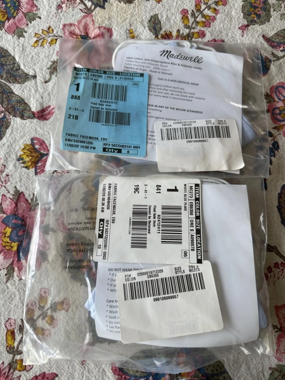 Lot of 2 NWT Madewell fabric Face Masks 3 Pack